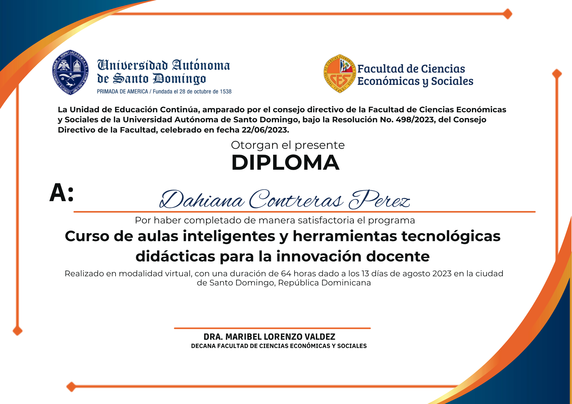 Muestra del modelo actualizado de certificado FCES-UASD
