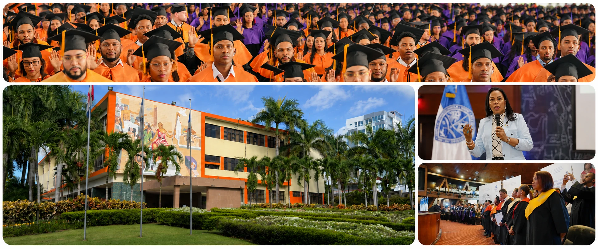 Composición institucional con el edificio de la FCES, graduación y actividades académicas de la UASD
